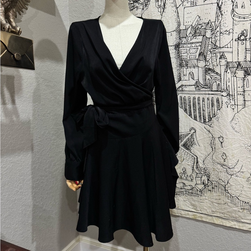 Bar III Black Fit and Flare Wrap Dress with Bishop Sleeves